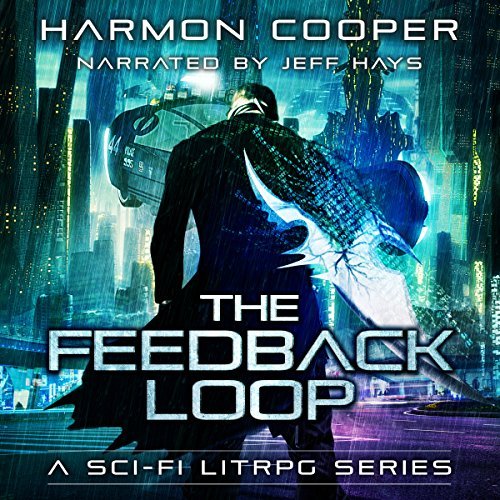 The Feedback Loop Audiobook Cover (a guy standing in a video game world with a glowing sword)