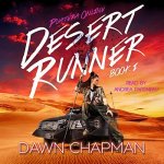 Desert Runner Audiobook Cover (a girl with a staff sitting on an classic car in the desert)