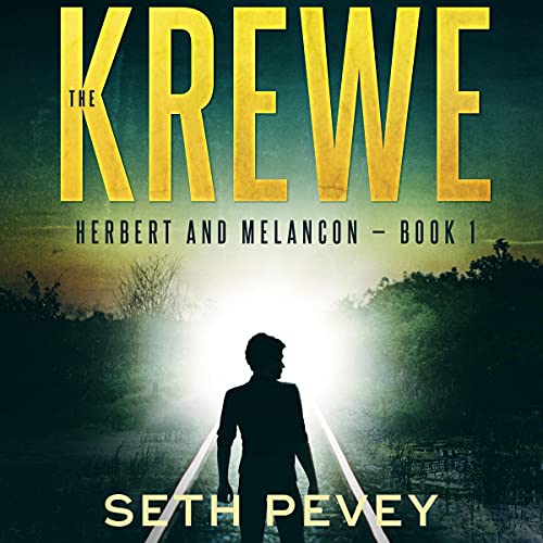 The Krewe Audiobook Cover (A silhouette with a bright light seemingly standing on a railroad track. The title in yellow).