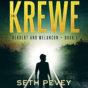 The Krewe Audiobook Cover (A silhouette with a bright light seemingly standing on a railroad track. The title in yellow).