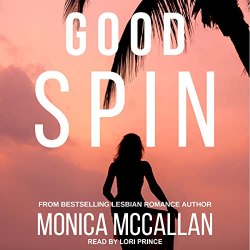 Good Spin Audiobook Cover featuring a palm tree on the right and a pinkish sky with a shadowed girl in the front center
