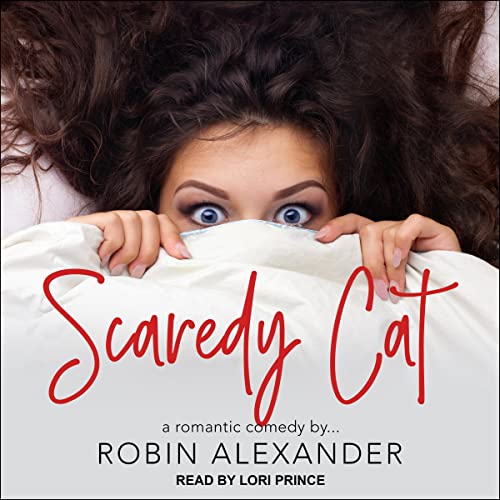 Scaredy Cat Audiobook Cover featuring a women with dark and crazy hair hiding behind white covers with her eyes wide