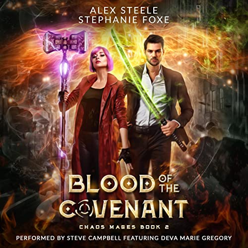 Blood of the Covenant Audiobook Cover featuring a man and woman standing. The woman is holding a pink maul and the man is holding a green sword